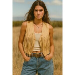 Vintage The Leather Ranch Fringe Western Cowgirl Boho Vest Tan Small Biker 70s